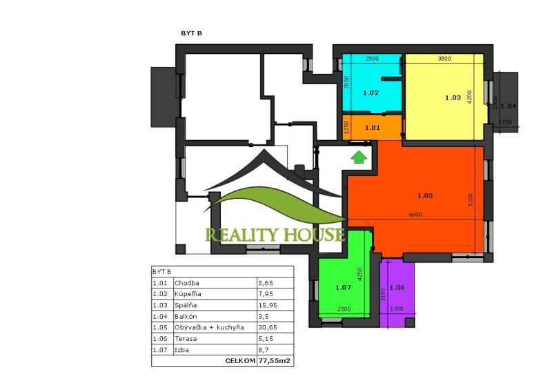 Floor plan of a 3-room apartment with a terrace and a balcony. Total area 77.55 m².