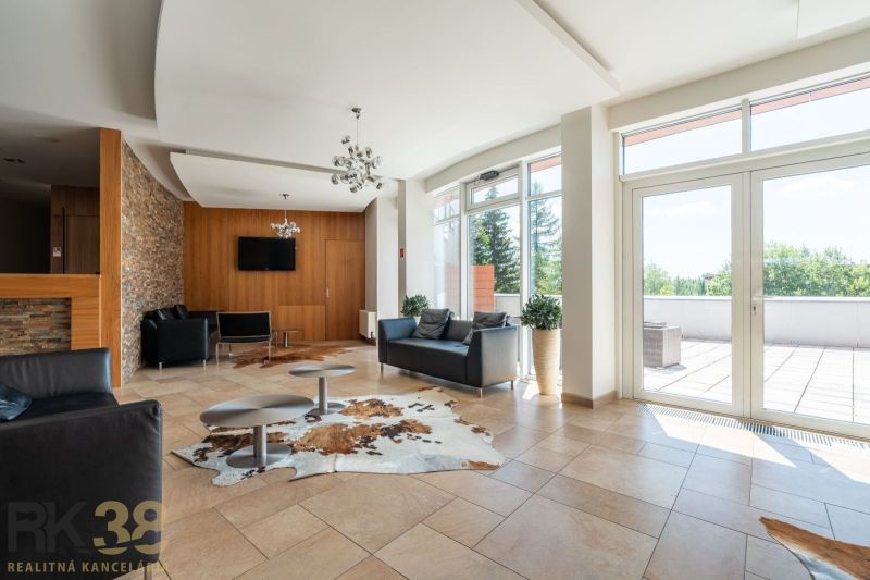 A recreational apartment with leather sofas, a stone wall, and large windows.