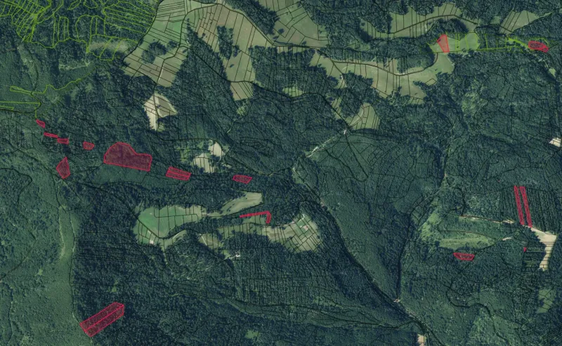 Aerial view of agricultural and forest lands around Stará Ľubovňa with marked boundaries.
