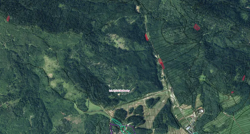 Aerial view of agricultural and forest lands near Stará Ľubovňa.