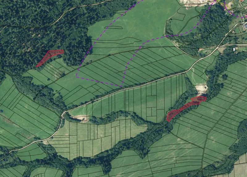 Aerial view of agricultural and forest land around Stará Ľubovňa with forest cover.