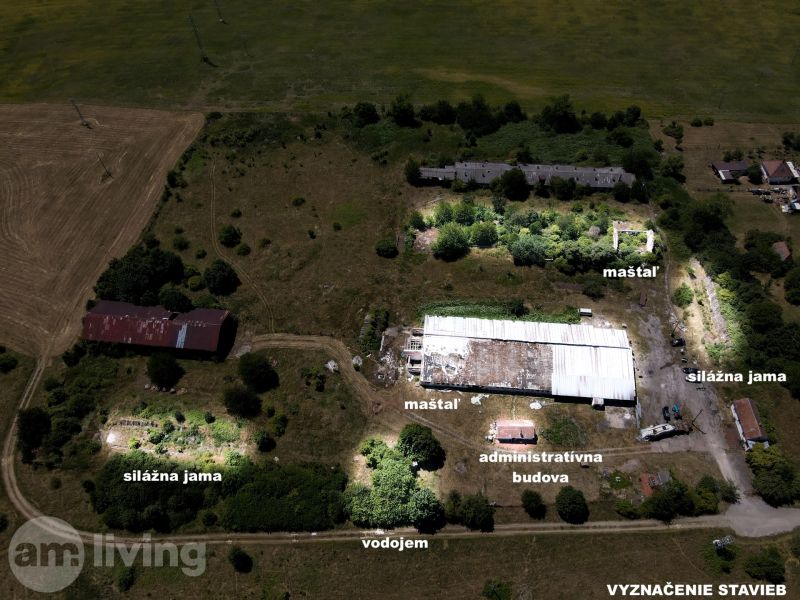 Aerial view of unusual properties in Stará Turá with agricultural buildings.