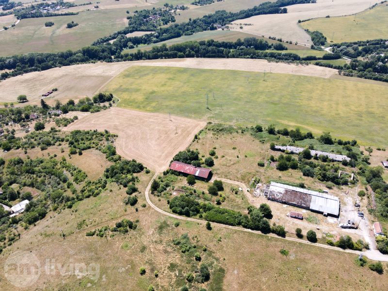 Aerial view of unusual properties around Stará Turá, surrounded by fields and greenery.