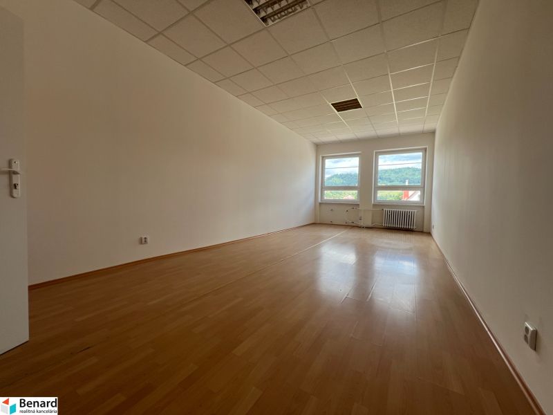 Empty offices with wood-patterned flooring and two windows.