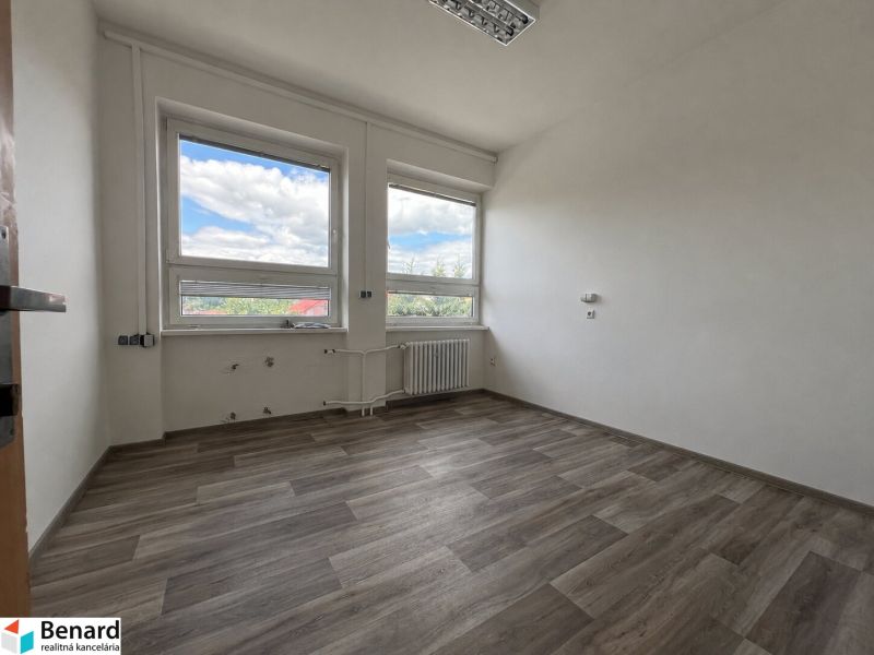 Offices with large windows, white walls, and wood-patterned flooring.