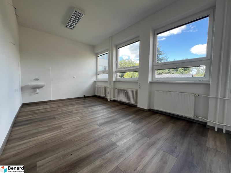 Offices with wood-patterned flooring and large windows.
