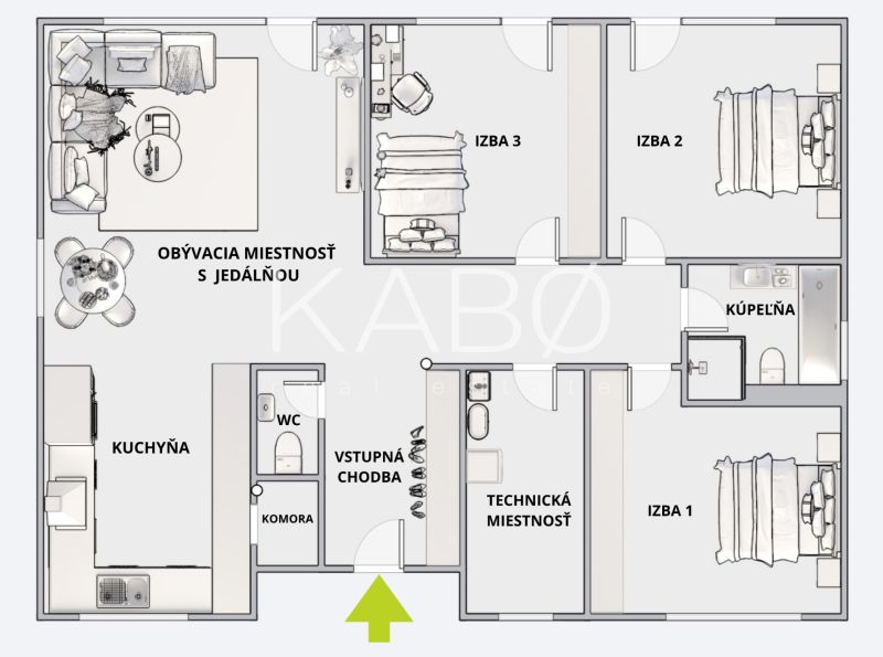 Floor plan of a family house with three rooms, a kitchen, and a living area in Nitra.