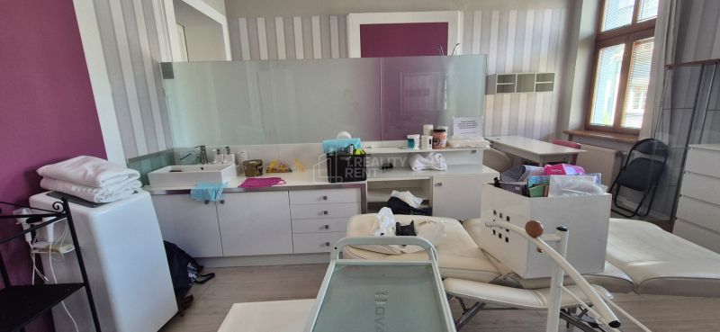Offices with a counter, sink, and couch, floor with wooden decor.