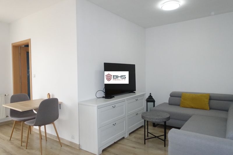 Living room in a two-room apartment with a TV, sofa, and wooden decor flooring.