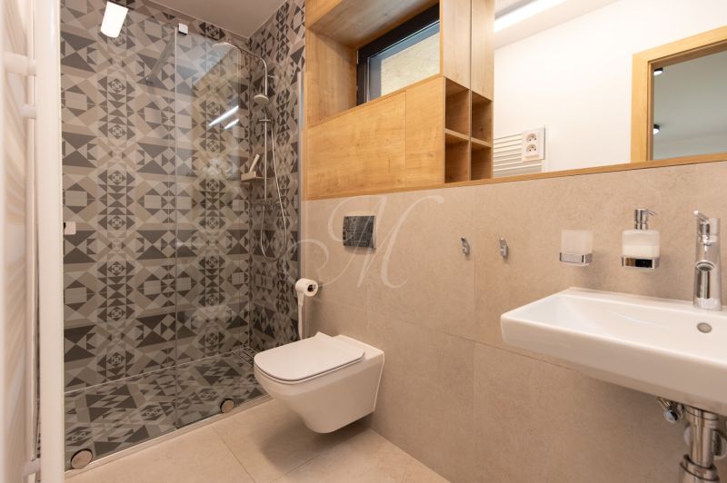 Bathroom with a shower in a 4-room apartment, decorative tiles and sanitary ware.