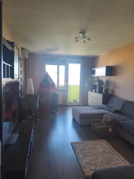 Living room in a three-room apartment with a wooden decor floor and a comfortable sofa.