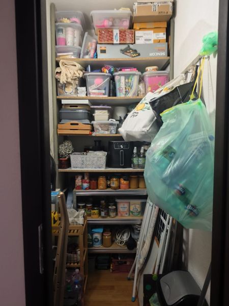 An organized pantry with supplies and storage boxes in a 3-room apartment.