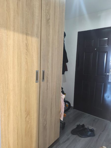 Entrance hall in a 3-room apartment with a wood-patterned floor and dark doors.