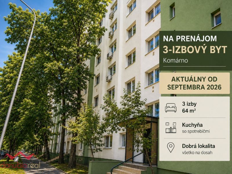 An apartment building in Komárno surrounded by trees offers a 3-room apartment for rent.