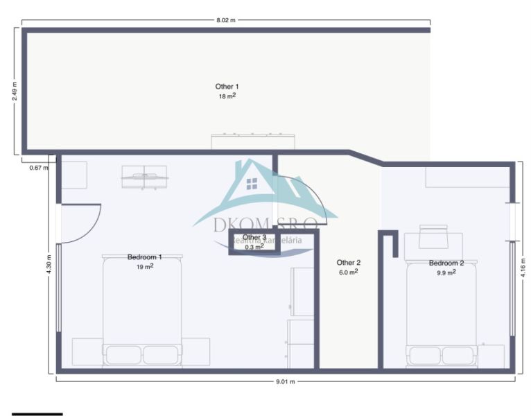 Floor plan of a family house with two bedrooms and three additional rooms.