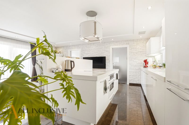 A kitchen in a family house with white cabinets and a plant, floor with wood decor.