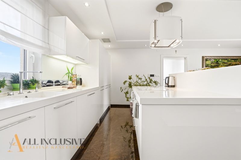 A kitchen in a family house with white cabinets and plants on the floor with decor.