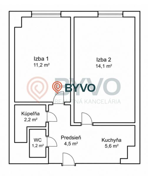 Layout of a two-room apartment with two rooms, a hallway, a kitchen, a bathroom, and a toilet.