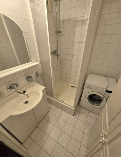 A bathroom in a 3-room apartment with a sink, shower, and washing machine.