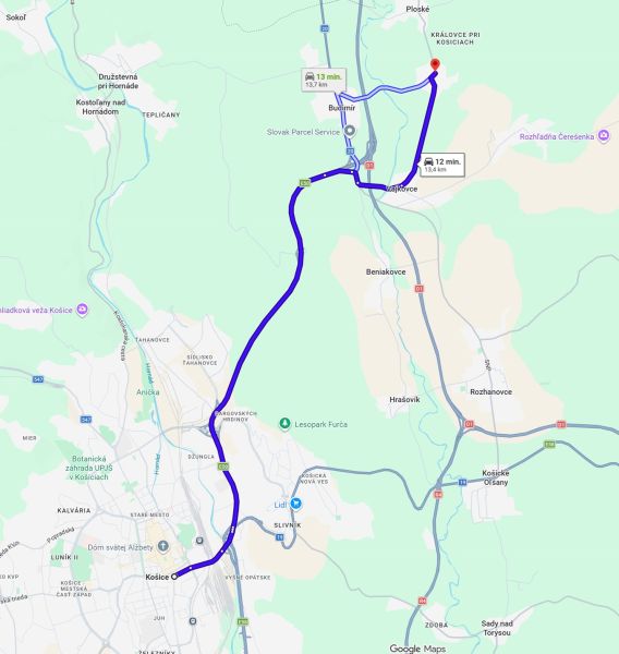 The map shows the route from Košice to Kráľovce near Košice by car in 12 minutes.