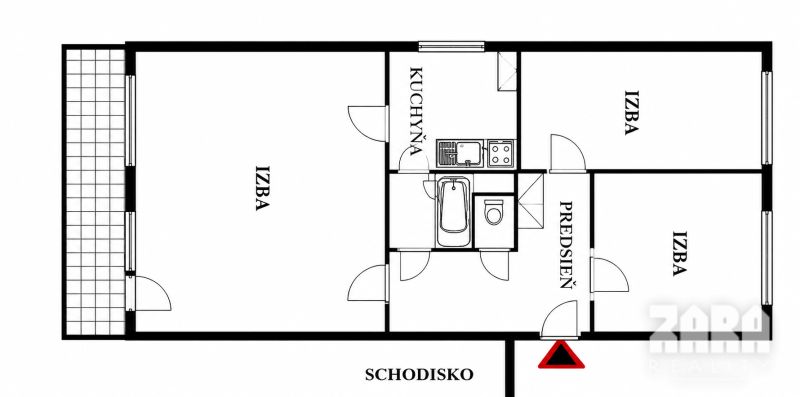 Floor plan of a 3-room apartment with the layout of the rooms and kitchen.