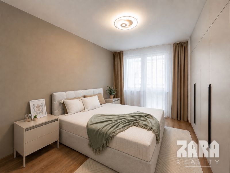 A bright bedroom with a bed, wardrobe, and wooden decor flooring in a 3-room apartment.