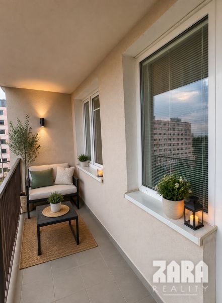 Cozy balcony with a sofa, table, and decorative plants in a 3-room apartment.