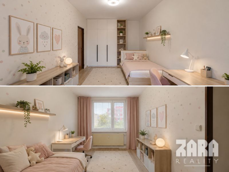 Children's room in a 3-room apartment with pastel accessories and a wooden decor floor.
