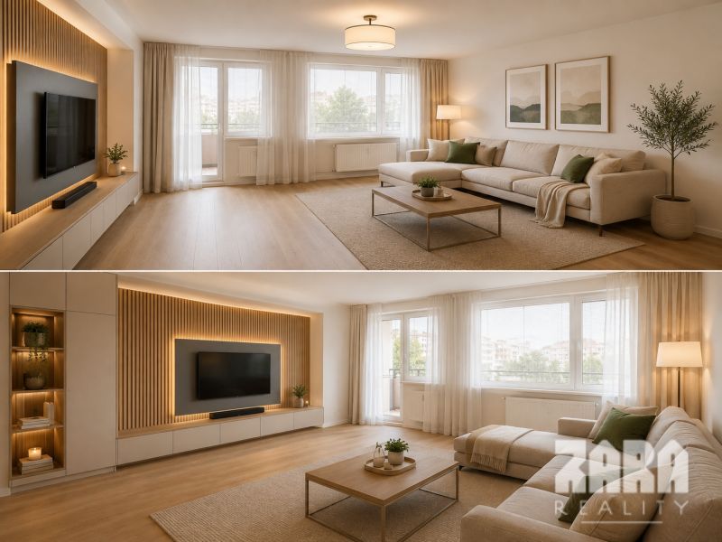 Living room in a 3-room apartment with a wooden decor floor and a comfortable sofa.