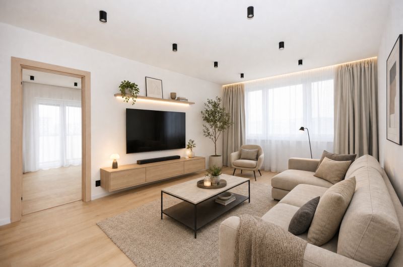 Living room in a three-room apartment with a wooden decor floor and neutral furnishings.