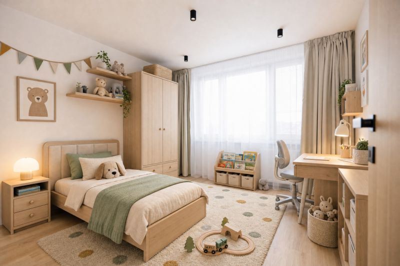 Children's room in a 3-room apartment with furniture made of natural materials and toys.