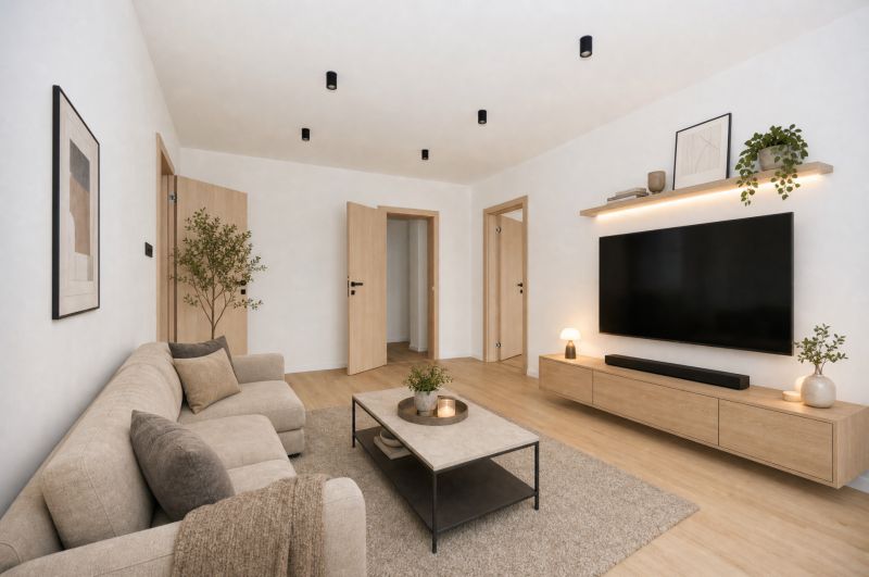 Living room in a 3-room apartment with a sofa, television, and floor with a wooden decor.