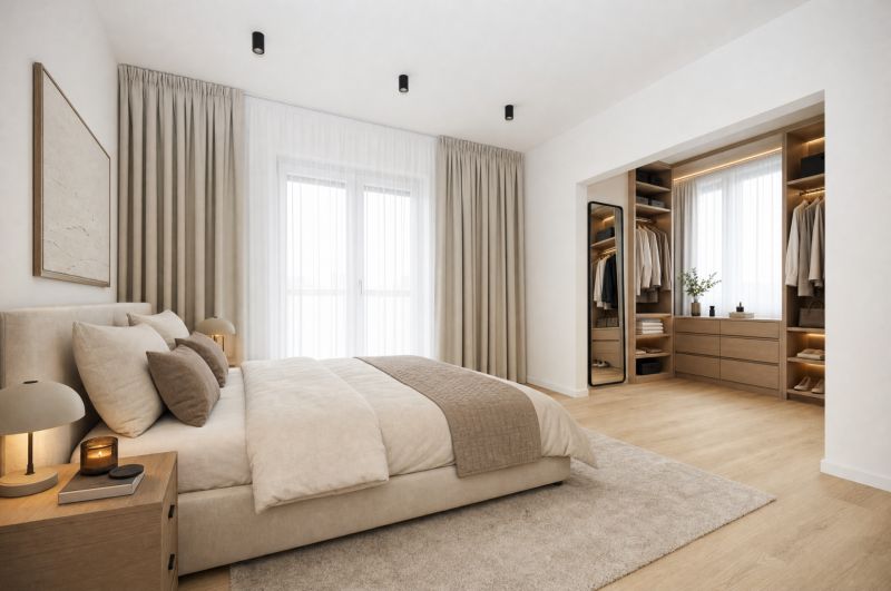 Minimalist bedroom with a comfortable bed and storage space, 3-room apartment.