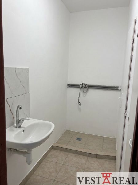 A toilet with a shower and a sink in warehouses and halls on the tiles.