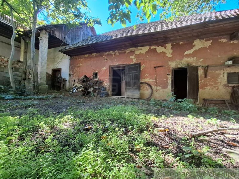 An older economic building with a neglected facade and vegetation, suitable for residential land in Nová Vieska.