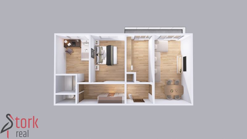 Floor plan of a 3-room apartment with wood-patterned flooring and furniture.