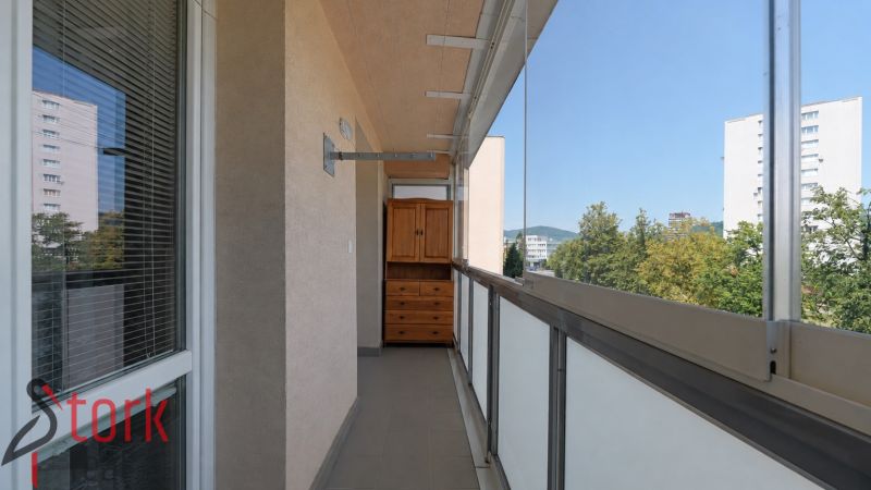A balcony with a view of Lánska Street in Považská Bystrica, in a 3-room apartment.