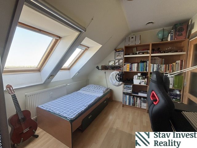 Attic room with skylights, a bed, a bookshelf, and a wooden decor floor.