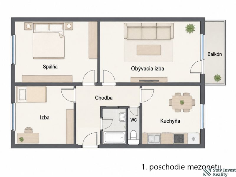 Floor plan of a 4-room apartment with a bedroom, living room, kitchen, room, and balcony.
