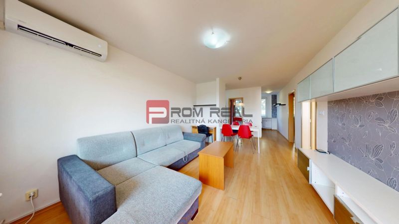 Living room in a 3-room apartment with a wooden decor floor and a sofa.