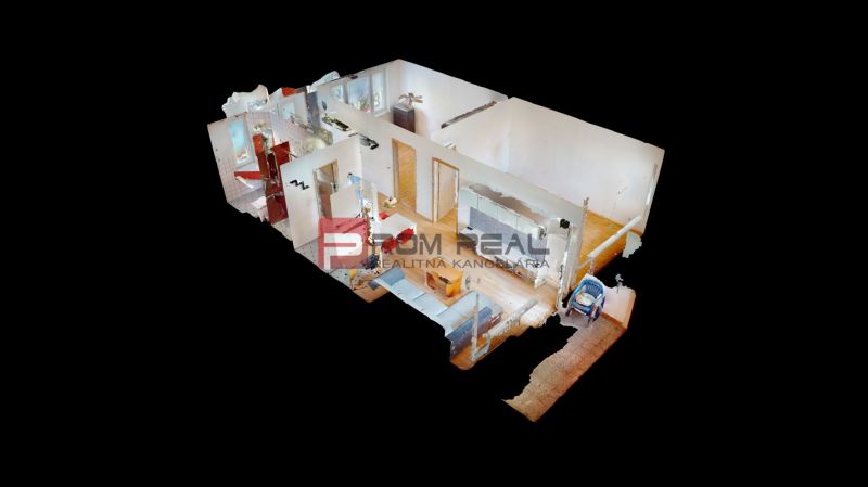 Virtual floor plan of a 3-room apartment with a wooden decor floor.