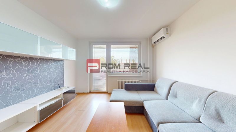 Living room in a 3-room apartment with a sofa and wooden decor flooring.