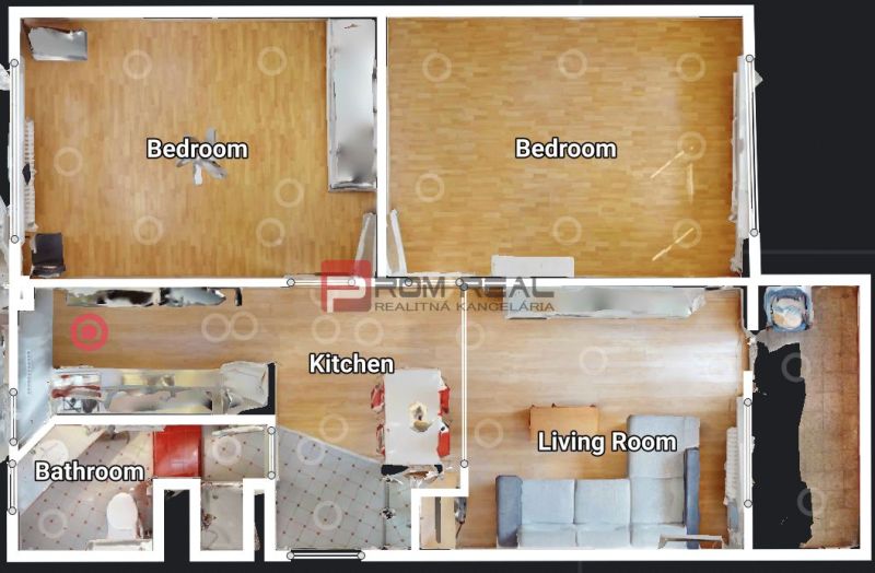 Floor plan of a 3-room apartment with wood-decor flooring, kitchen, and bathroom.