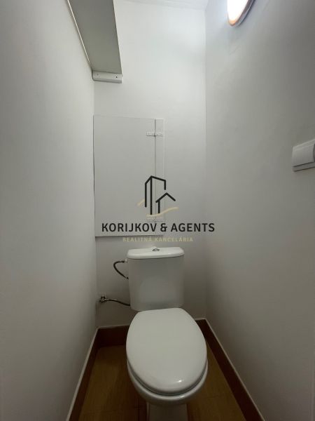 A bathroom with simple furnishings in a 2-room apartment, floor with wooden decor.