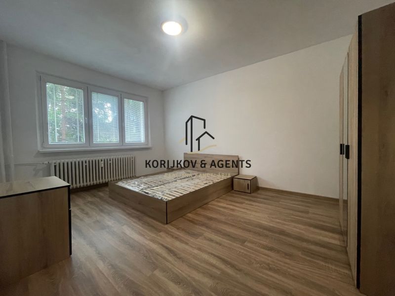 A bedroom in a 2-room apartment with a wood-patterned floor and basic furniture.