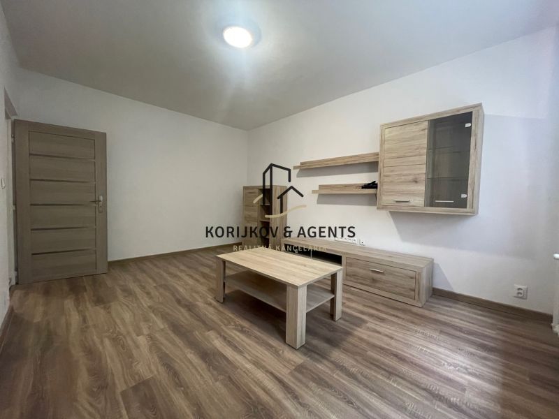 Living room in a two-room apartment with wood-decor furniture and a wood-patterned floor.