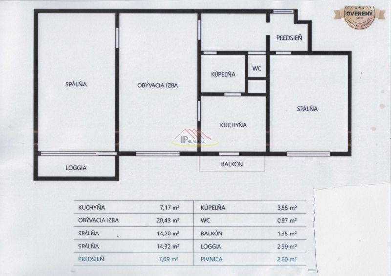 Floor plan of a 3-room apartment with a loggia, balcony, kitchen, and hallway.
