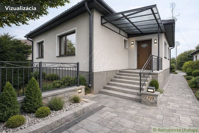 A family house in Šurany with a hallway, staircase, and landscaped garden.