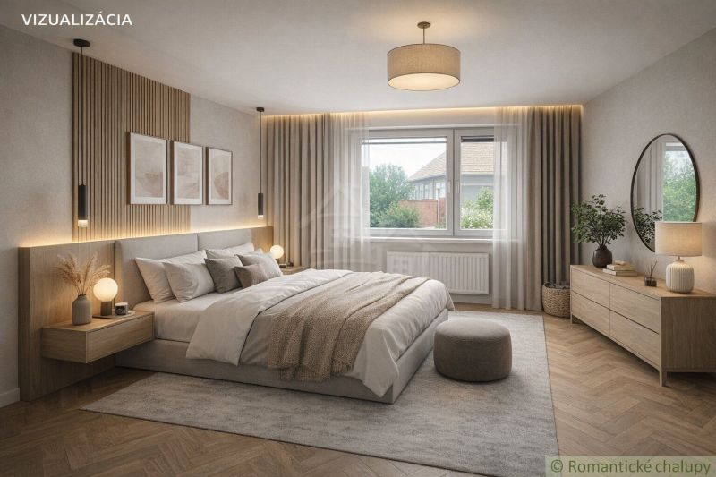Bedroom with a bed, wooden decor flooring, and a large window in a family house.