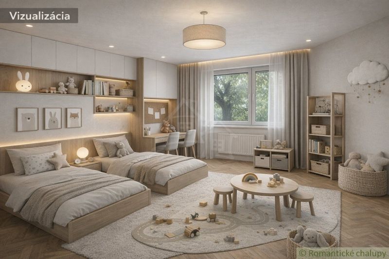 Children's room with two beds, wooden floor decor, and toys on the carpet.